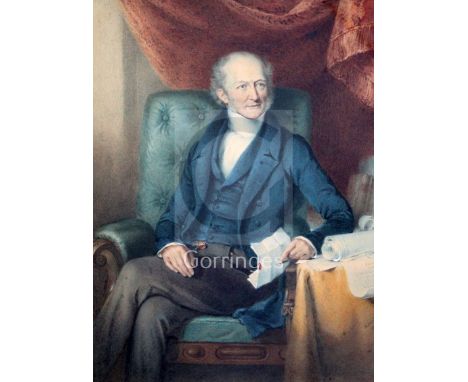 William Derby (1786-1847)watercolourPortrait of The 13th Earl of Derby seated holding a communication, plans for 'The Diversi