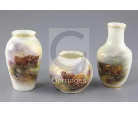 Harry Stinton for Royal Worcester. Three Highland cattle painted vases, first half 20th century, the tallest shape number 249