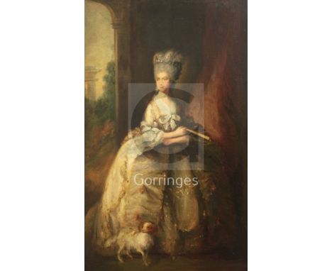 After Thomas Gainsborough (1727-1788)oil on canvasPortrait of Queen Charlotte with her spaniel23.5 x 15in.