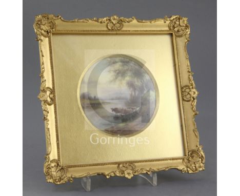 John Stinton for Royal Worcester. A Highland cattle painted circular plaque, c.1914, with a named view Thames above Henley to