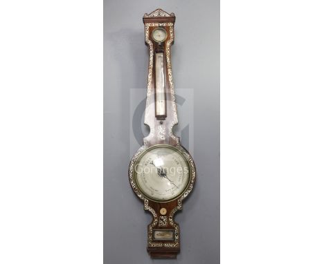 A William IV mother of pearl inset rosewood wheel barometer, with silvered hydrometer, thermometer, dial and level signed P &