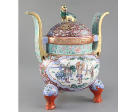 A Chinese famille rose enamelled tripod censer and cover, Qing dynasty, Jiaqing/Daoguang period, painted to each side with be