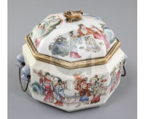 A Chinese famille rose octagonal food warming vessel, liner and cover, Tongzhi mark and of the period, painted with figures i