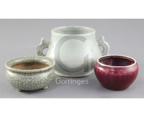 A group of Chinese crackle glazed vessels, Qing dynasty, comprising a ru-type twin handled censer, bearing a Qianlong mark, w