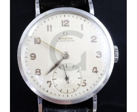 A gentleman's 1940's stainless steel Omega chronometer manual wind wrist watch, with Arabic dial and subsidiary seconds, move
