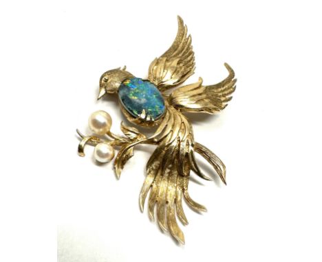 9ct gold opal doublet &amp; pearl bird of paradise brooch measures approx 6cm by 5cm weight 9.4g 