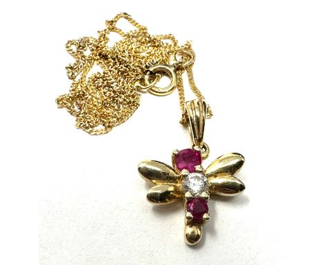 14ct gold diamond &amp; ruby dragonfly pendant necklace with 9ct gold chain (1.9g) 