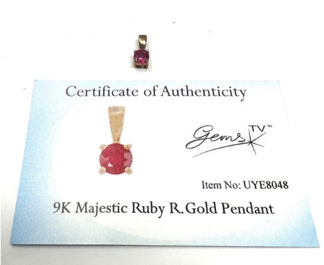 Certificated 9ct gold Majestic Ruby pendant  C.O.A 