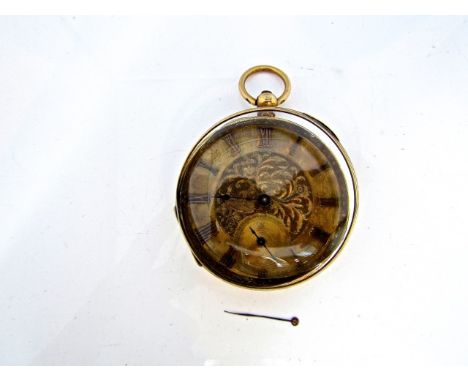 An 18ct gold open-faced pocket watch, the gilt dial applied with gilt Roman numerals, central engraved scrolling leaves, subs