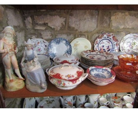 A collection of ceramics including a Valencia figure of a shepherdess in Dutch style costume and in the Lladro manner, a late