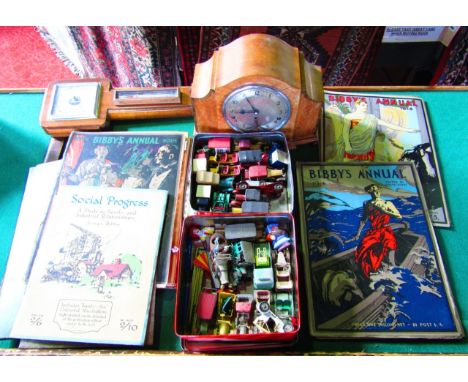 An Art Deco mantel clock, an oak cased barometer, a collection of die-cast model vehicles, a collection of early 20th century