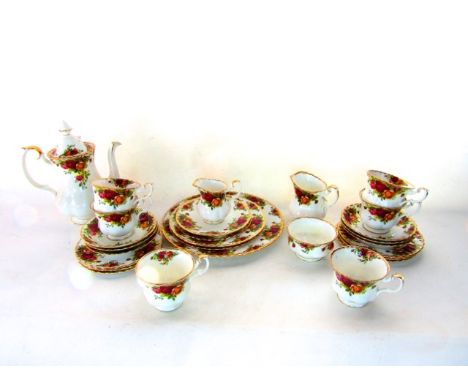 A collection of Royal Albert Old Country Roses pattern teawares including two three-tier cake stands, coffee pot, two jugs, s