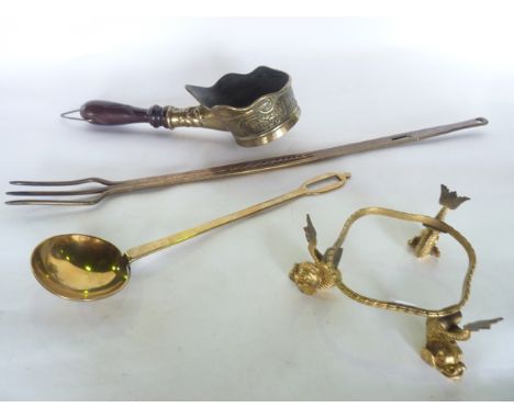 A selection of metal wares to include a good quality antique brass three pronged fork of sectional composition within an inte