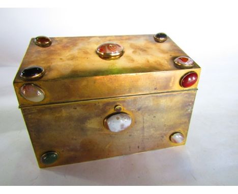 A good quality Victorian brass letter/stationery box of octagonal form with various applied polished semi precious stone cabo