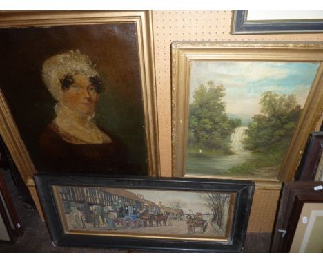 An early 19th century oil painting on canvas bust length portrait of a lady in a white lace bonnet 60 x 50 cm in gilt frame, 