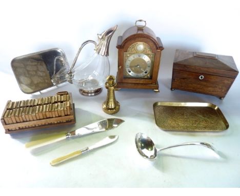 A miscellaneous collection to include a 19th century rosewood veneered sarcophagus shaped tea caddy with divisional interior 