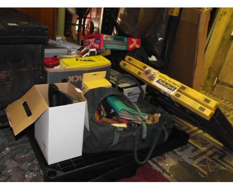 A lightweight Rally folding workbench in original cardboard packaging, a Vitrex tile cutter, a twin pack folding saw horse/tr