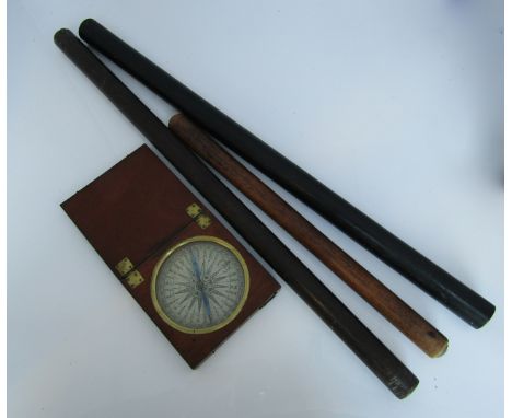 Early 19th century travelling compass, in a plain mahogany case, with paper dial, together with 3 cylindrical rulers