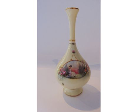 A Royal Worcester pale yellow ground vase with slender drawn neck and painted panel of a young woman in a landscape setting a