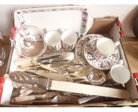 A selection of silver plated and other dinner cutlery, a worked ivory page turner with silver handle, hallmarked and dated 19