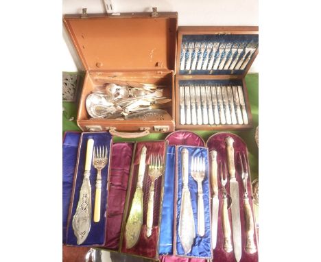 A selection of cased silver plated cutlery to include a good quality set of six fruit knives and forks with chased blades, em