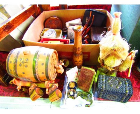 A miscellaneous collection to include various treen effects, a drinks barrel on stand with associated cups, pipes in the form