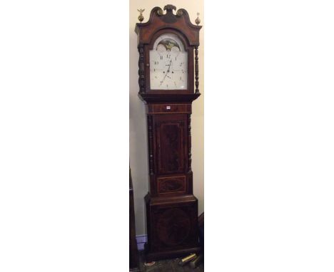 A 19th century eight-day long case clock, the mahogany case/trunk with inlaid banded detail and partial turned column support
