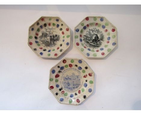 A pair of 19th century child's plates of octagonal form with black and white printed humorous decoration 'The Old Shoe' and '