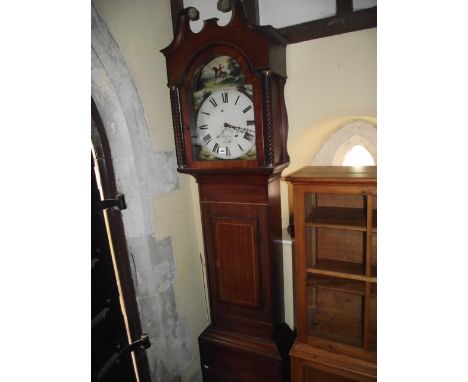 A 19th century eight-day long case clock, the mahogany case with inlaid detail and broken swan neck architectural hood with r