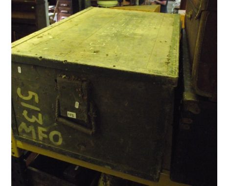 A vintage painted pine framed trunk/crate with loose lid and side carrying handles, the lid with painted lettering 'Lt Col J.