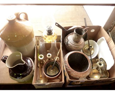 A large miscellaneous collection to include a substantial salt glazed stoneware flagon stamped Price, Bristol, an oil burning