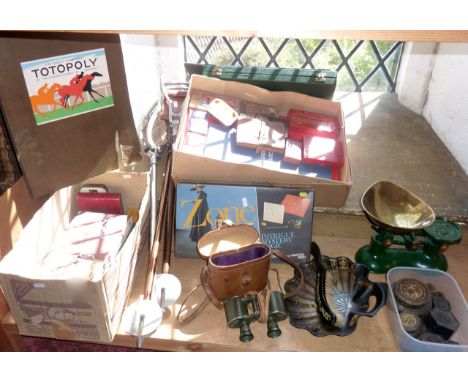 A miscellaneous collection to include three 20th century shooting sticks, a Totopoly games board, a good quality pair of mili