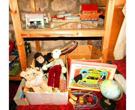 A collection of 20th century toys and effects to include a painted and papered breakdown model of a medieval castle with poin