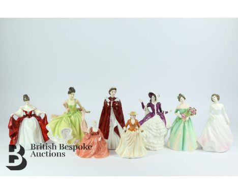 Twelve porcelain figurines, including Royal Doulton HN3660 Happy Birthday, Christmas Day 2004, HN 5467 Pretty Ladies Spring B