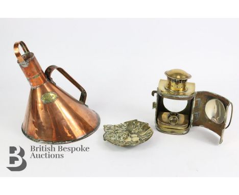 A brass carriage lamp approx. h 16.5cm , a brass coin dish with a devil head, coins and playing card design approx. d 12.5cm,