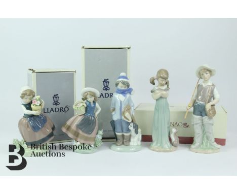 Five Lladro porcelain figurines, including a girl with a basket of flowers, girl wearing a straw hat and&nbsp; two others box