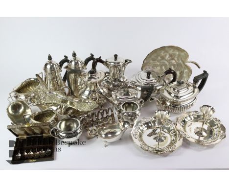 Quantity of silver plated items, including two tea trio comprising coffee pot, sugar bowl and milk jug; coffee pot and water 