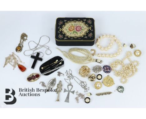 Box of 20th century costume jewellery including faux pearls, German Grosse two-tone necklace, silver and other brooches (6), 