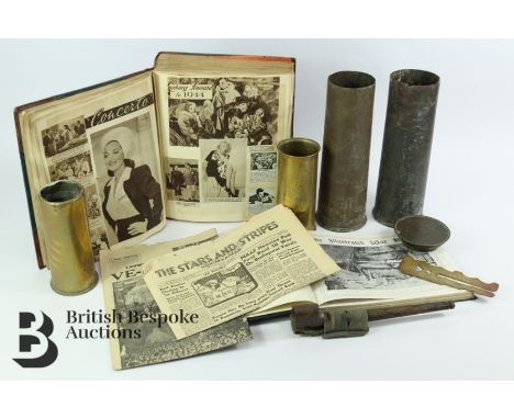 WWII interest, including two brass shell cases, circular tilly lamp, a copy of The Illustrated War News November 11, 1914 and