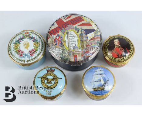 Halcyon Days enamel boxes - RAF 100 and Battle of Waterloo 200 both designed by William Edwards (one boxed), Royal Worcester 