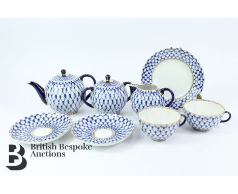 Blue and white Russian porcelain tea set, comprising teapot, milk jug, sugar bowl and cover, six cups, six saucers and six si