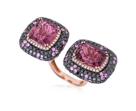 A PINK TOURMALINE AND MULTI GEM SET RING Featuring two pink tourmalines weighing approximately 5.69 cts and 5.54 cts, mounted