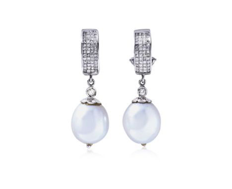 A PAIR OF CULTURED PEARL AND DIAMOND DROP EARRINGS Featuring a pair of oval cultured pearls measuring approximately 14 x 16mm