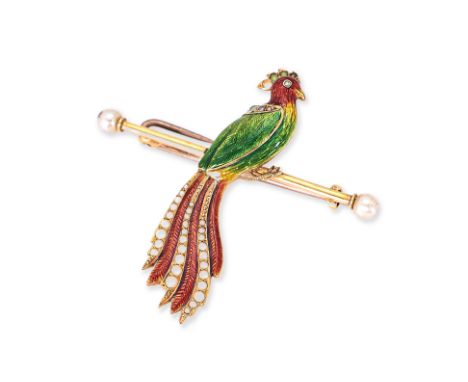 AN ENAMEL AND SEED PEARL 'PHOENIX' BROOCH Featuring a multi gem and seed pearl decorated enamel 'phoenix', mounted in an unma