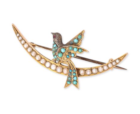 A VICTORIAN BROOCH AND A PASTE SET BROOCH Featuring a Victorian 'bird crescent' brooch, decorated with garnet, turquoise (one