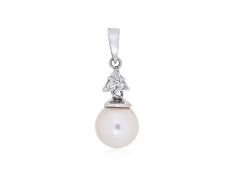 A CULTURED AKOYA PEARL AND DIAMOND PENDANT Featuring a cultured akoya pearl measuring approximately 7.9mm, mounted in a white