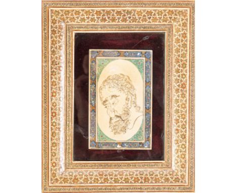 Islamic Art A composite portrait of Hafez on ivory board within a khatamkari framePersia, 19th century . . Cm 8,00 x 13,00. .