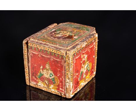 Indian Art A wooden lacquered gaming box with Ganjifa playing card set Northern India, Rajasthan, 19th century . . Cm 10,00 x