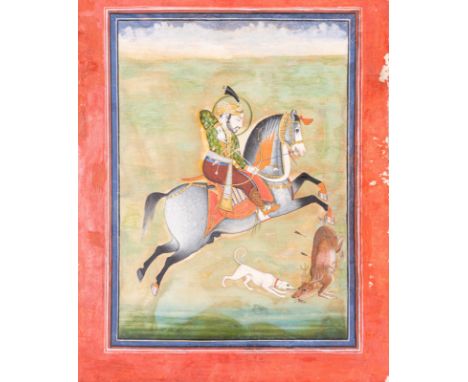 Indian Art A large illustration of a Maharaja hunting Northern India, Marwar, possibly Jodhpur, 19th century Pigments and gol