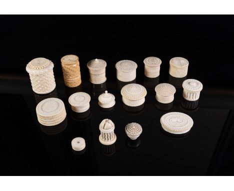 Indian Art A collection of sixteen finely carved ivory Anglo-Indian small boxes for sewing tools India, 19th century . . Cm 6